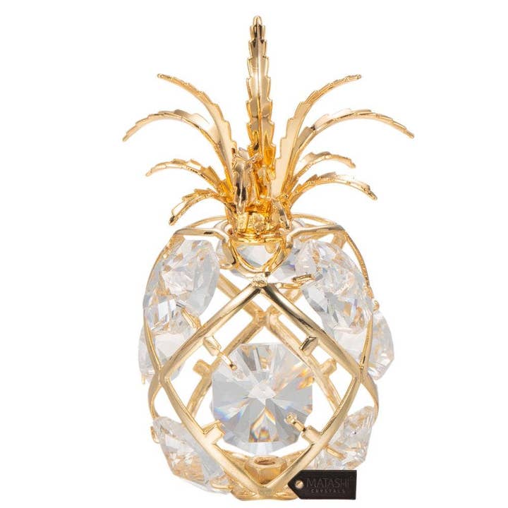 Matashi - Wholesale Decorative Tabletop Object - 24K Gold Mini Pineapple Ornament, Clear Crystal Decor
