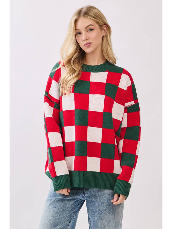 RED COMBO Oversized Checkered Christmas Sweater for wholesale on Faire7