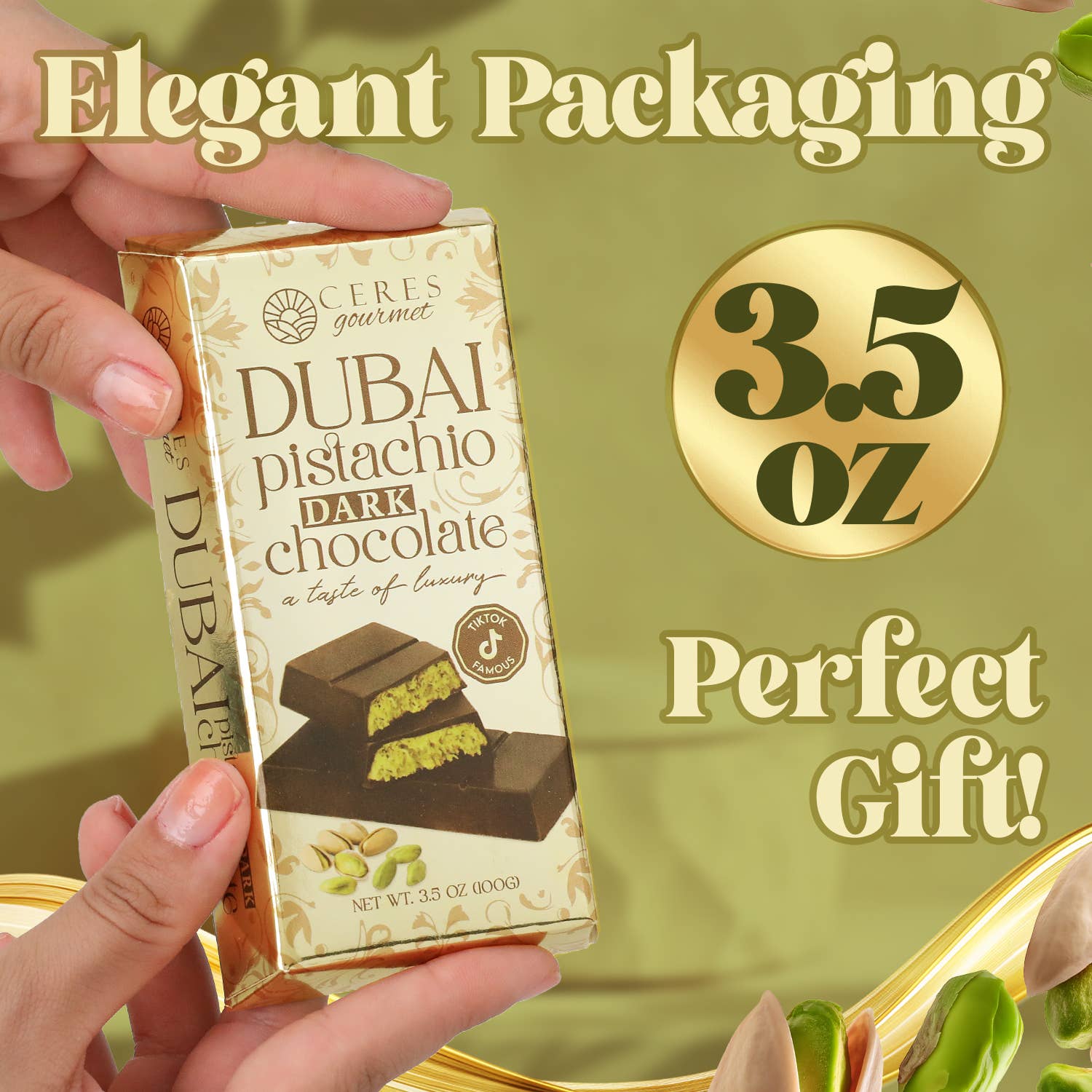 Ceres Gourmet - Wholesale Chocolate Bar - 3.5 oz Dark Dubai Chocolate Bar Pistachio - Gift-Ready Pack3