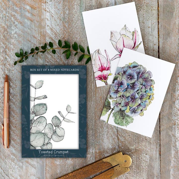 "Botanicals" Boxed 8 Mixed Notecards (Eucalyptus Collection) for wholesale by Toasted Crumpet