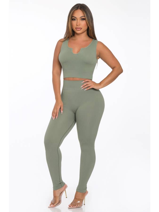 Lime All the Time - Wholesale Lounge Set - Women's - 2 Pcs Seamless Notch U Neckline Tank Top and Legging Set