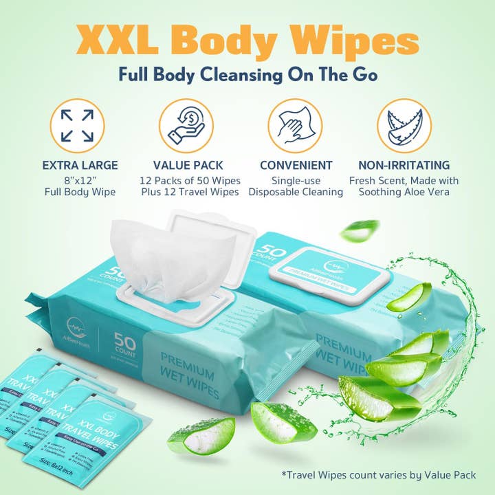 AllSett Health - Wholesale Face & Body Wipes - Body Wipes for Adults - XL Wet Wipes 8" x 12" (600 count) | Rinse Free Bathing Wipes - Wash Cloths for incontinence, Disposable Washcloths with Aloe Vera and Vitamin E - Camping, Elderly, Bathing