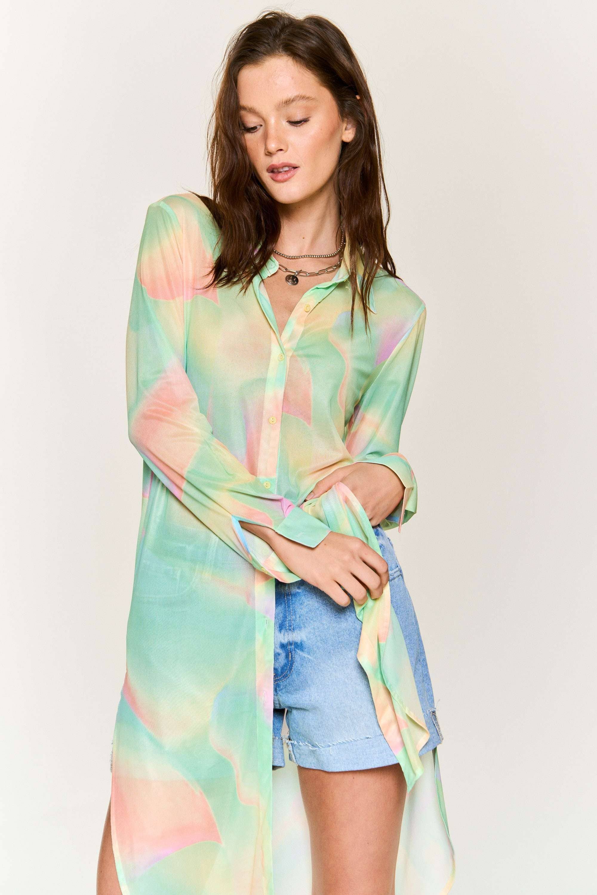 Hers & Mine - Wholesale Button Down Shirt - Women's - MESH TIE DYE BUTTON DOWN TUNIC SHIRT13