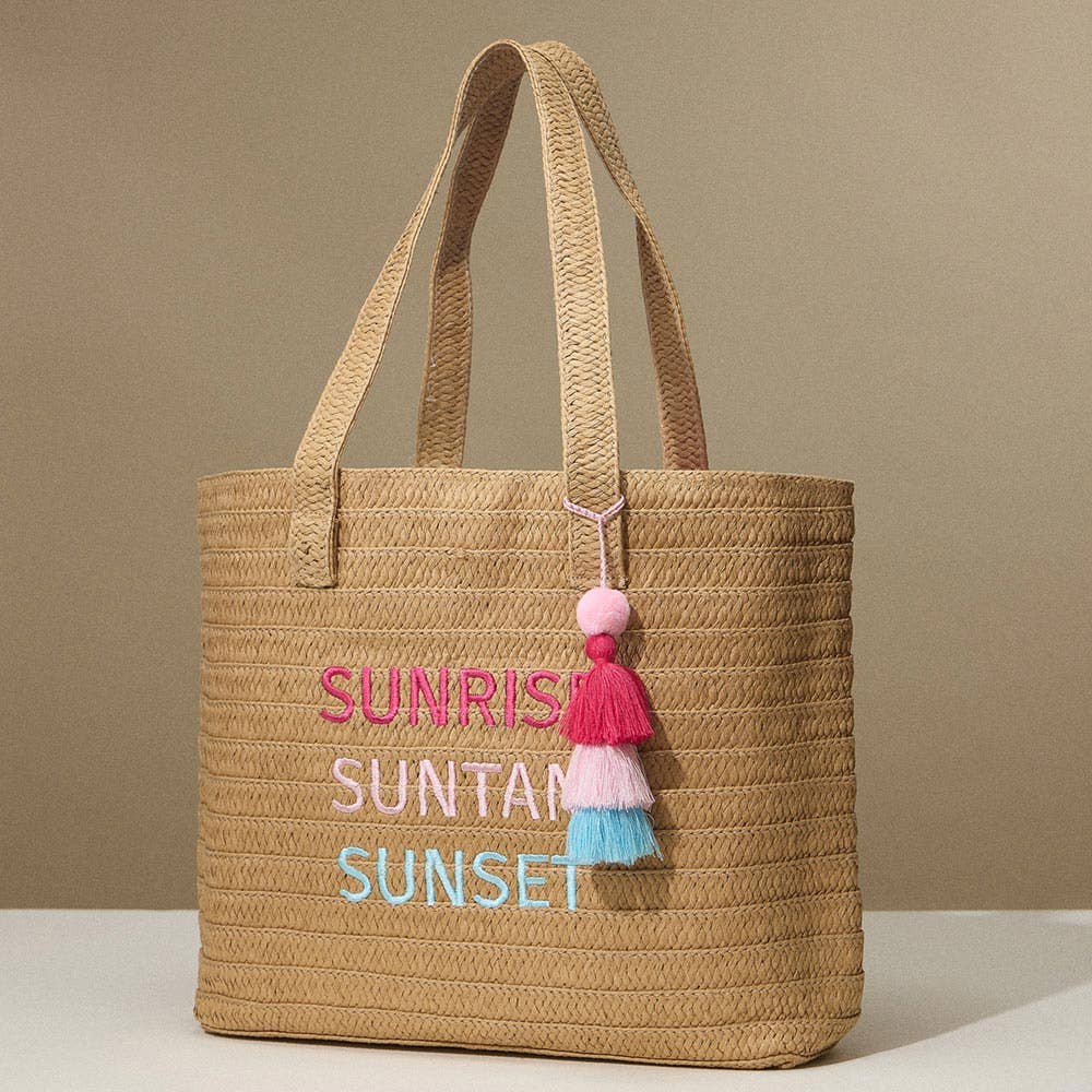 Sensibling Corp. - Wholesale Tote Bag - Women's - Raffia SUNRISE SUNTAN SUNSET Message Embroidered Summer Tote2