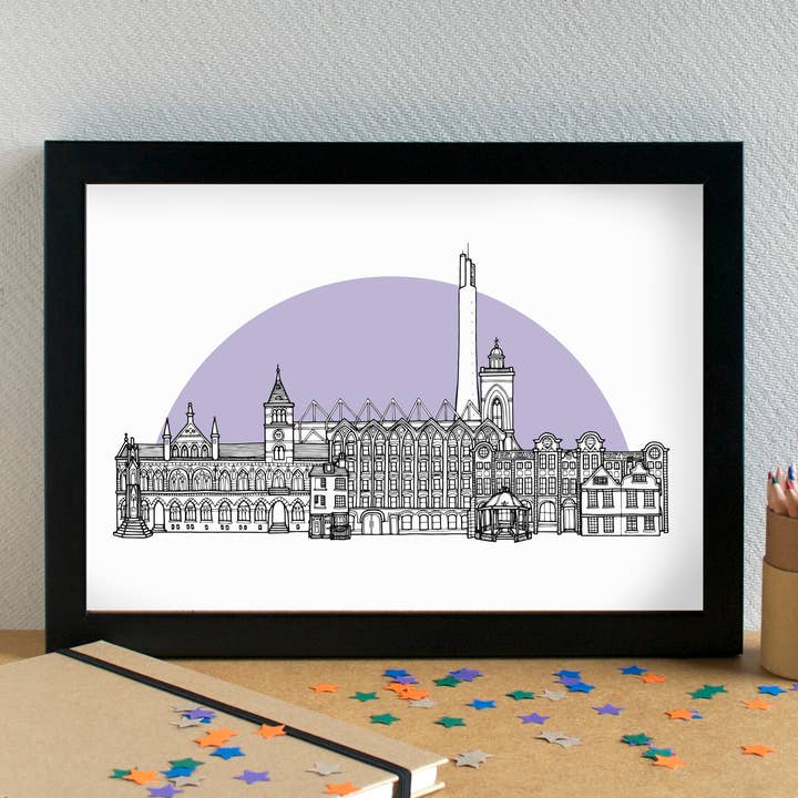 Northampton Skyline Landmarks Art Print - unframed for wholesale by Becka Griffin Illustration