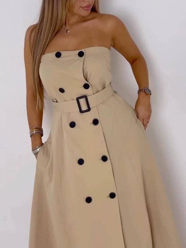 KHAKI A-Line Loose Belted Buttoned Tube Maxi Dresses for wholesale on Faire4
