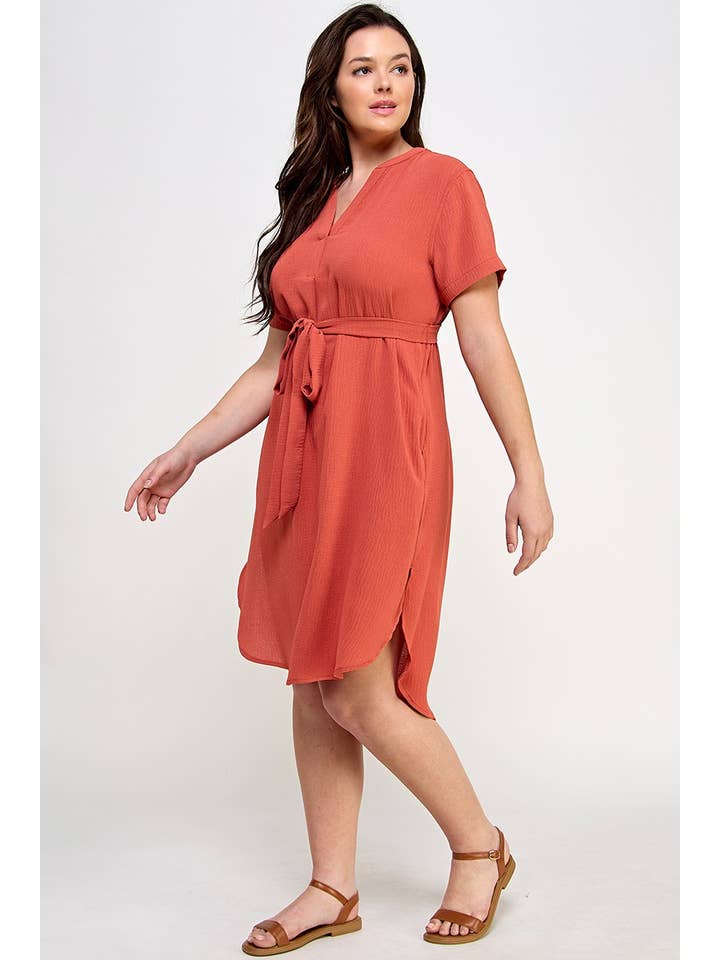 Haute Fox Plus Size & Contemporary - Wholesale Dress - Women's - Plus Size Midi V-Neck Waist Tie Dress SS2352P-D