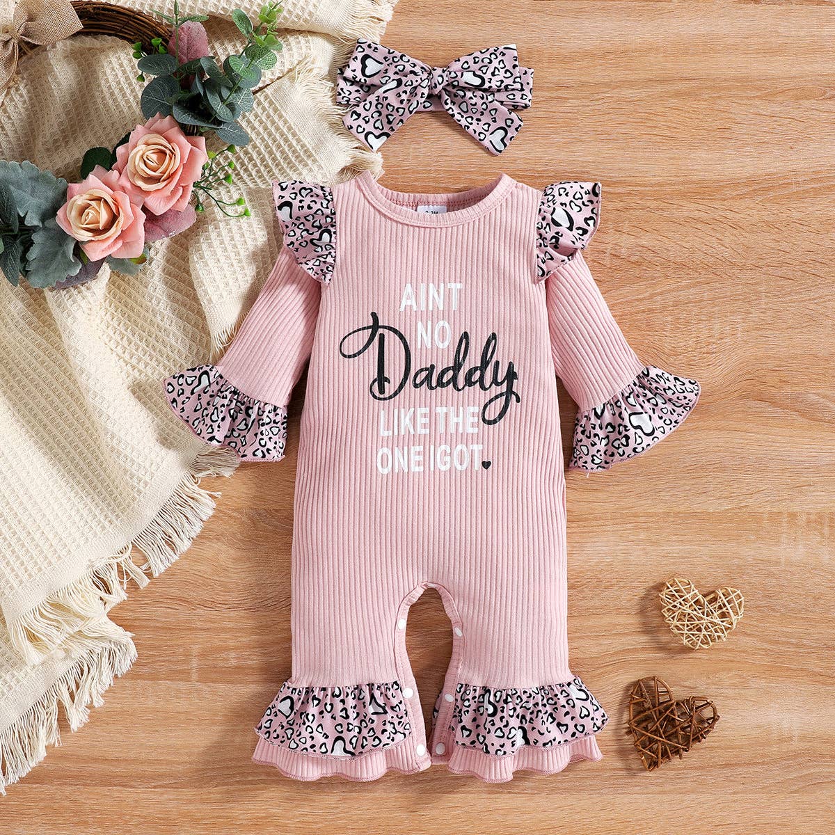 PatPat – Engroshandel Tøjsæt - Baby – 2stk Baby Girl Letter Pink Ribbed Langærmet Jumpsuit sæt0
