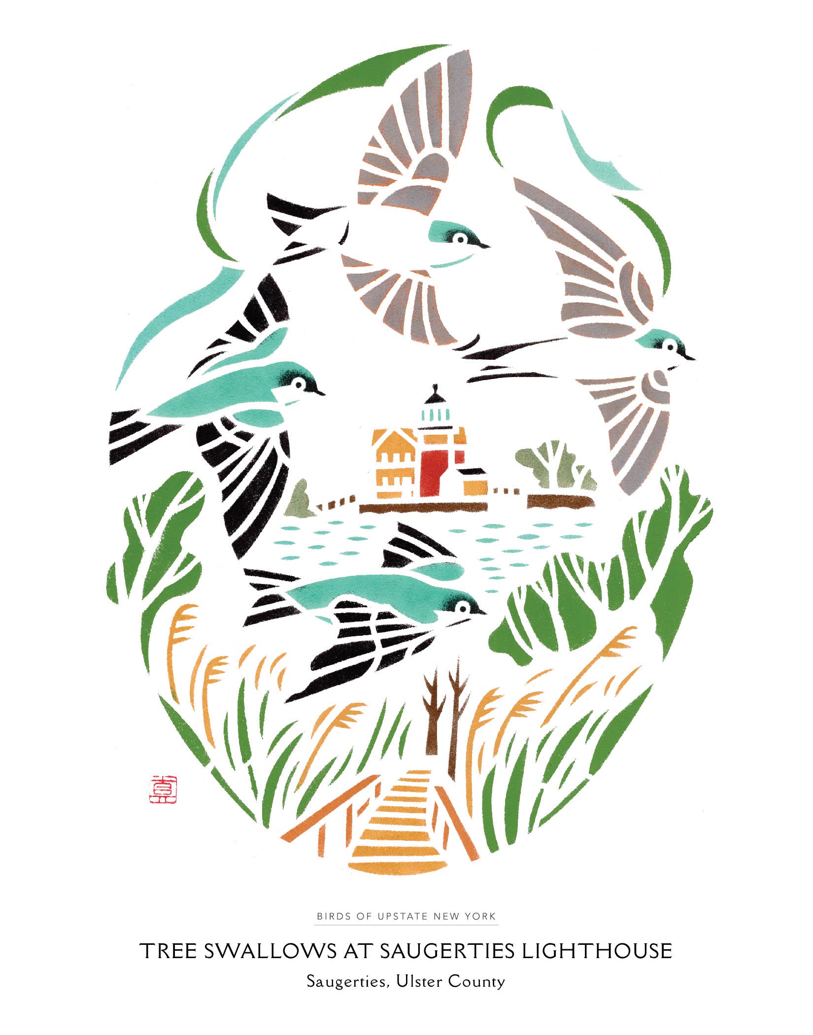 Mayuko Fujino Bird & Nature Art - Wholesale Art Print - Art print: Tree Swallows at Saugerties Lighthouse, Saugertie1