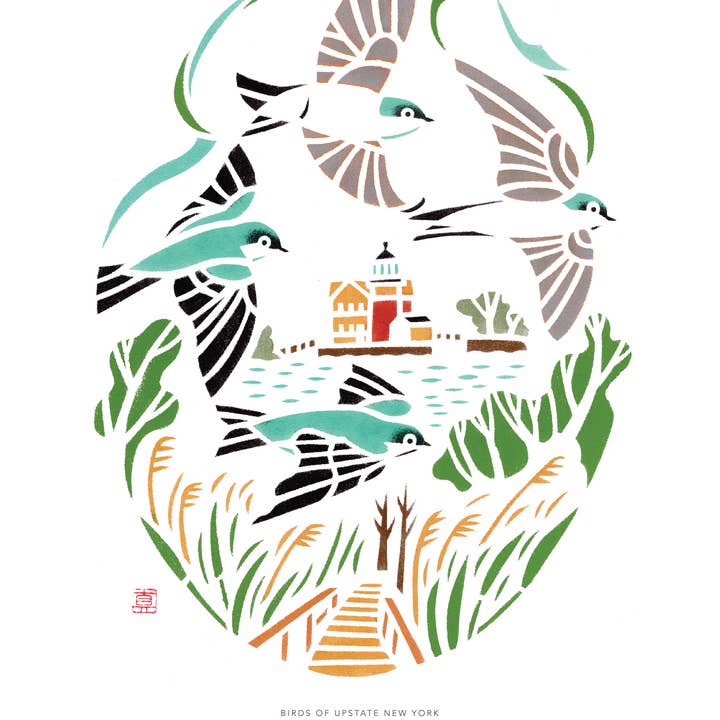 Mayuko Fujino Bird & Nature Art - Wholesale Art Print - Art print: Tree Swallows at Saugerties Lighthouse, Saugertie1