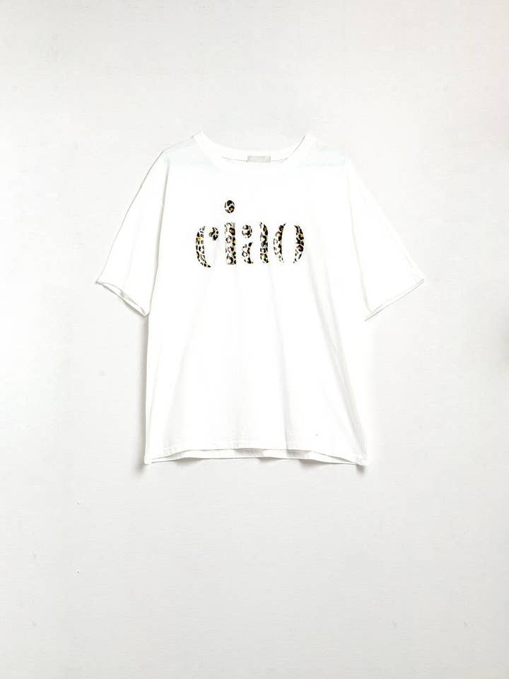 relaxed White T-shirt With Ciao in Leopard Print for wholesale on Faire