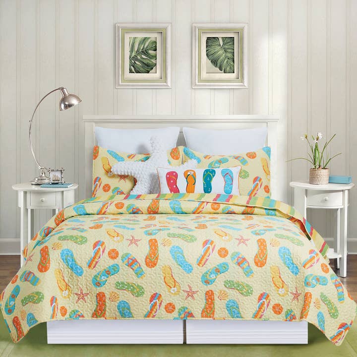 Sunny Splash Flip Flops Yellow Coastal Beach Quilt Set for wholesale by C&F Home