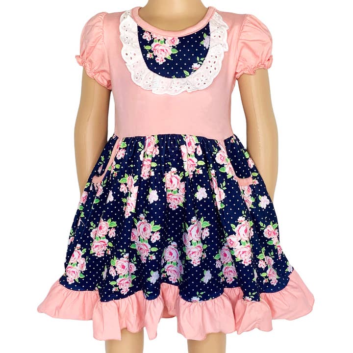 AnnLoren - Wholesale Dress - Kids - Girls Pink & Blue Floral Eyelet Ruffles Short Sleeve Dress