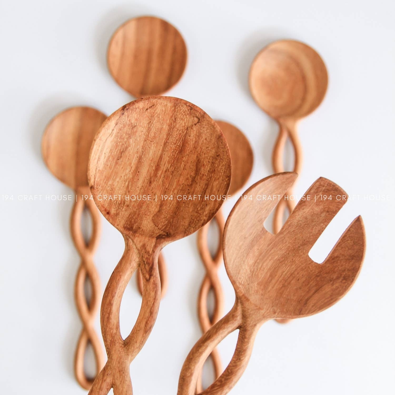 194 Craft House - Wholesale Serving Utensil - Twisted Handle Wooden Salad Servers - 9" - Spoon & Fork Set5