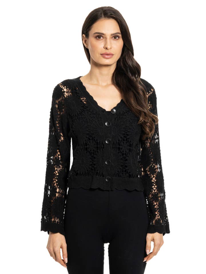Adore - Wholesale Cardigan - Women's - AM419-BLK - Black Crochet Button-Front Cardigan