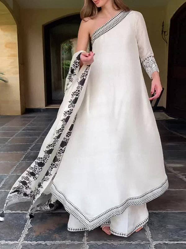 WHITE Contrast Color Flower Print Muslim One-Shoulder Midi Dresses&Pants&Shawl Suits for wholesale on Faire2