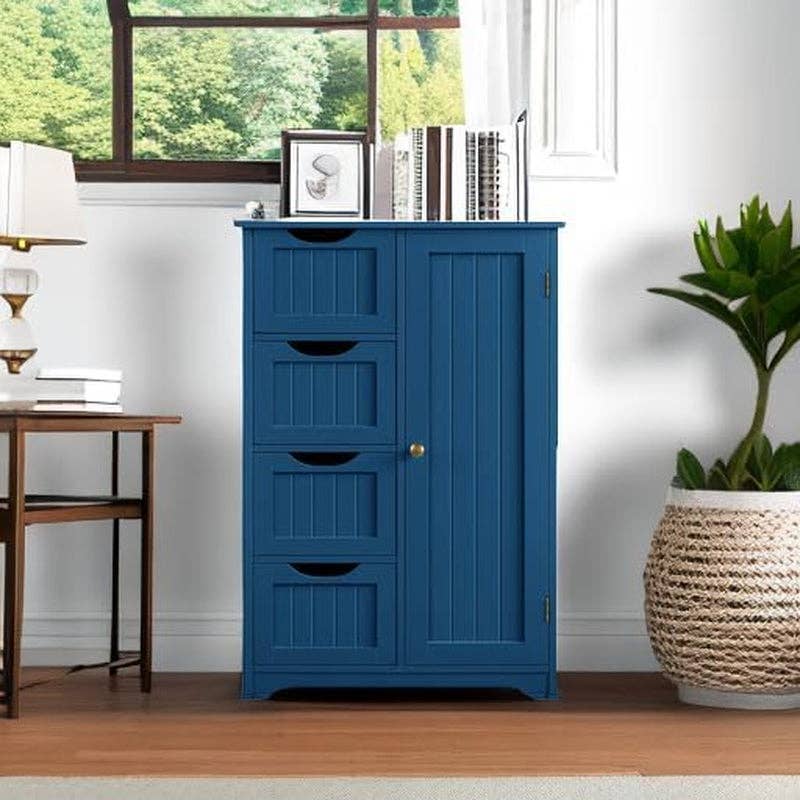 Navy Blue Wooden Bathroom Floor Cabinet With 4 Drawers And Cupboard for wholesale on Faire4