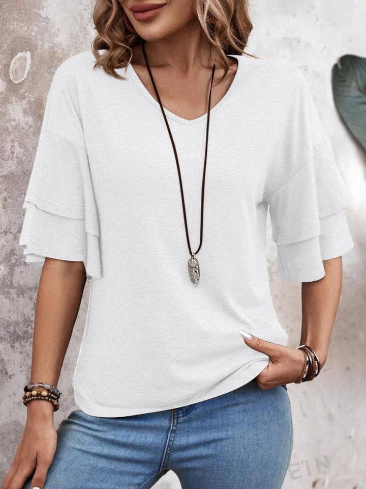 Rosa Clothing - Wholesale Blouse - Women's - Summer V-Neck Ruffle Sleeve Loose Short-Sleeved T-Shirt