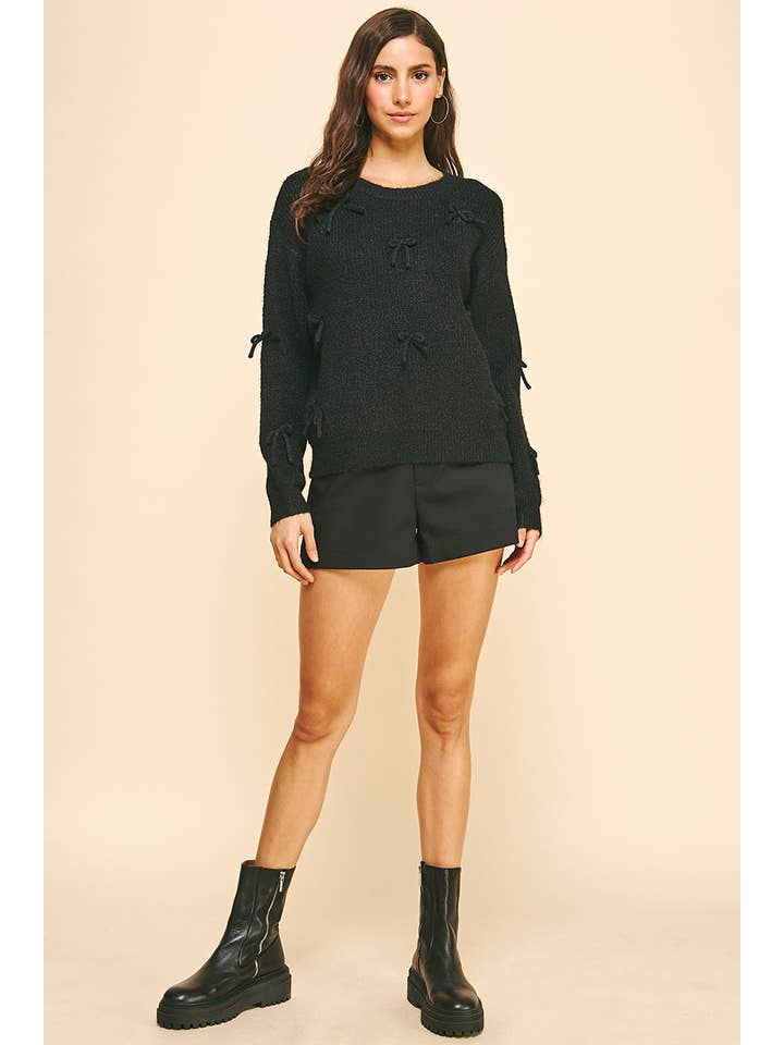 PINCH - Wholesale Knit Sweater - Women's - RIBBON EMBELLISHMENT SWEATER TOP - BLACK