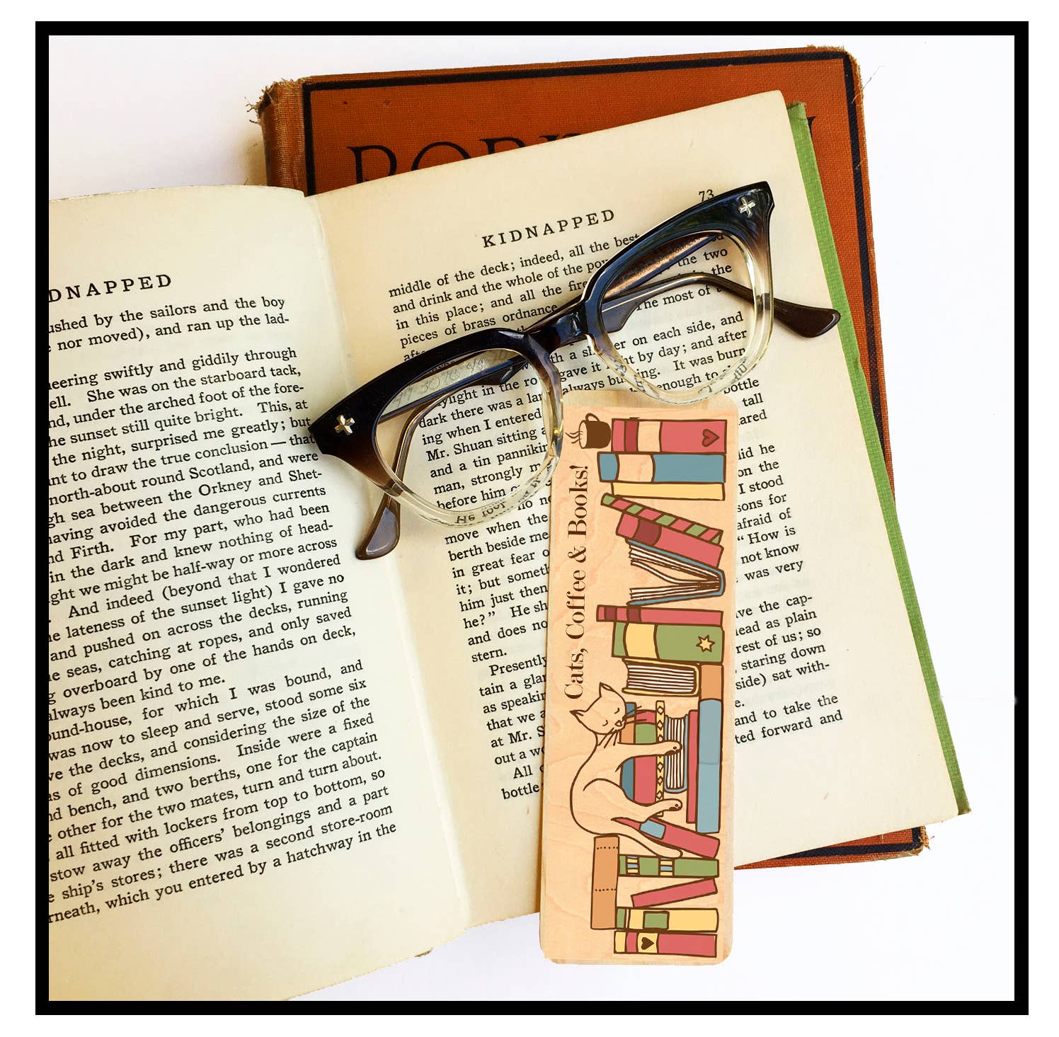 Fly Paper Products - Wholesale Bookmark - Cats, Coffee & Books Eco Friendly Wood Bookmark1