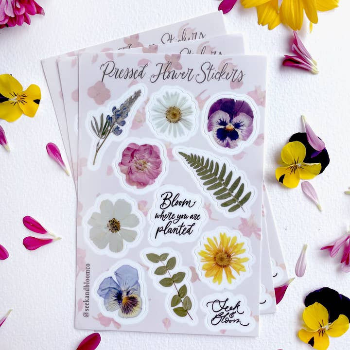 Seek & Bloom Creative Co. - Wholesale Sticker - Pressed Flowers Sticker 4x6" Sheet of 11 stickers