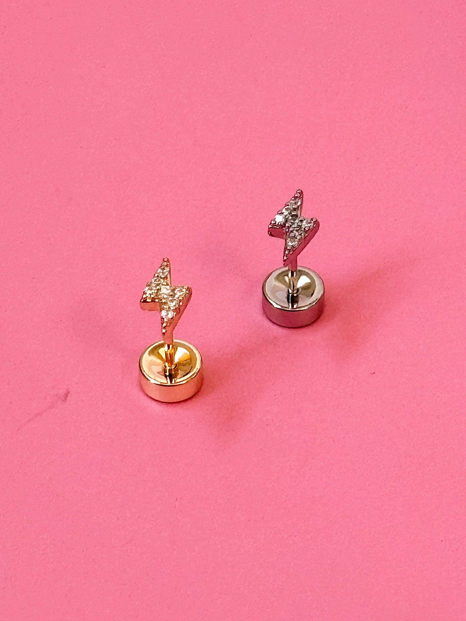 Golden Hour Designs - Wholesale Stud/Post Earrings - Lightning Bolt CZ Flatback Screwback Stud - Single, Edgy0