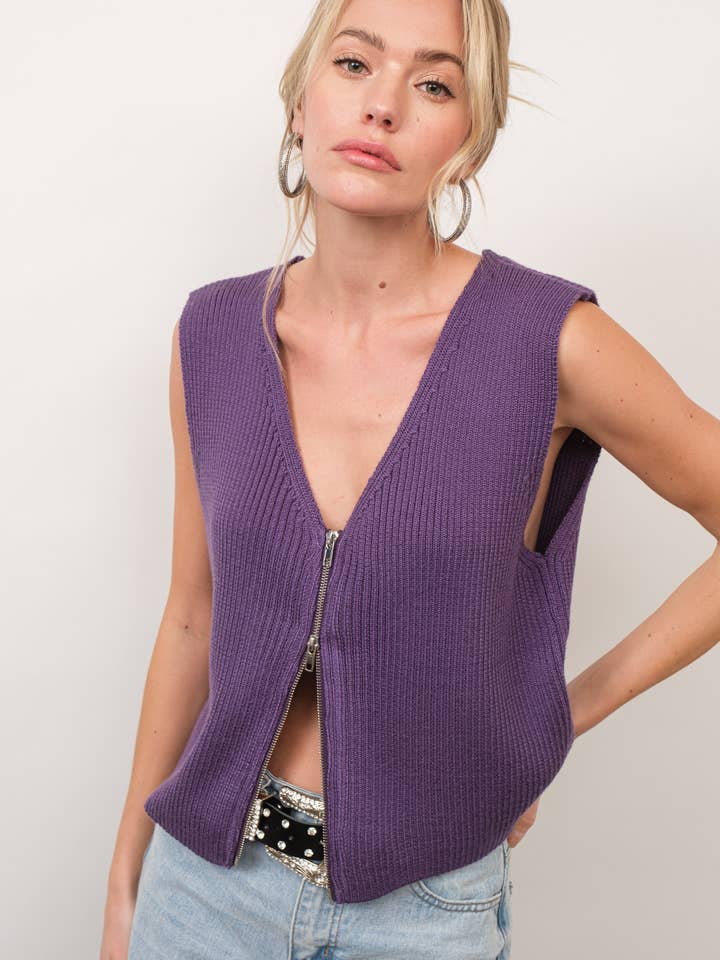 22937W - V Neck Rib Zip Up Sweater Vest for wholesale by Blue B