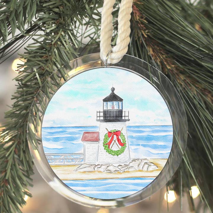 Brant Point Light at Christmas, ornamento costiero di Nantucket per la vendita all'ingrosso da parte di WonderfullyWrittenCo