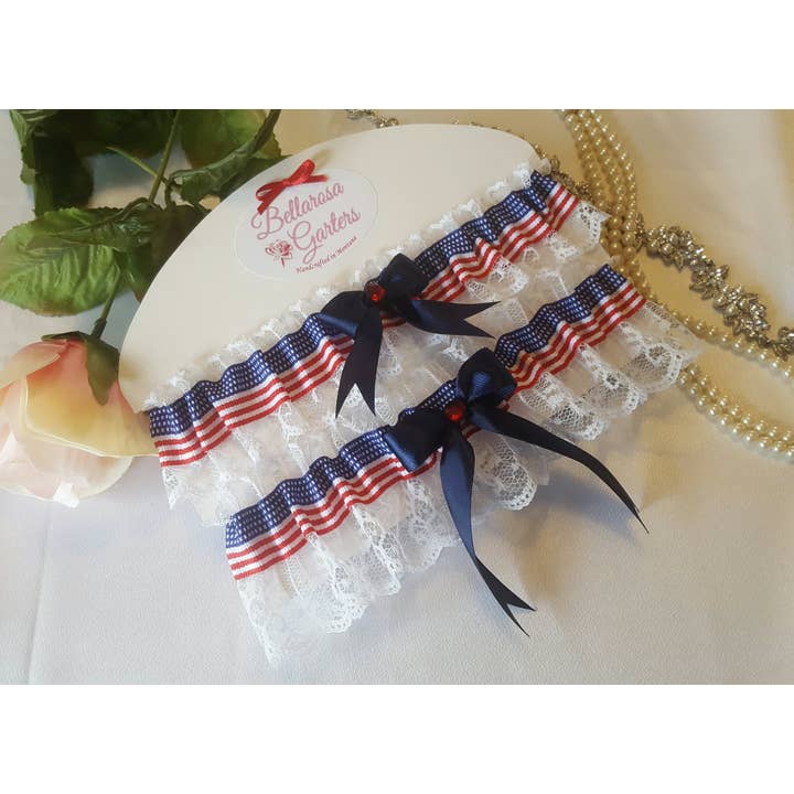 Patriotisk flagga bröllop strumpeband set med vit spets för wholesale av Bellarosa Garters