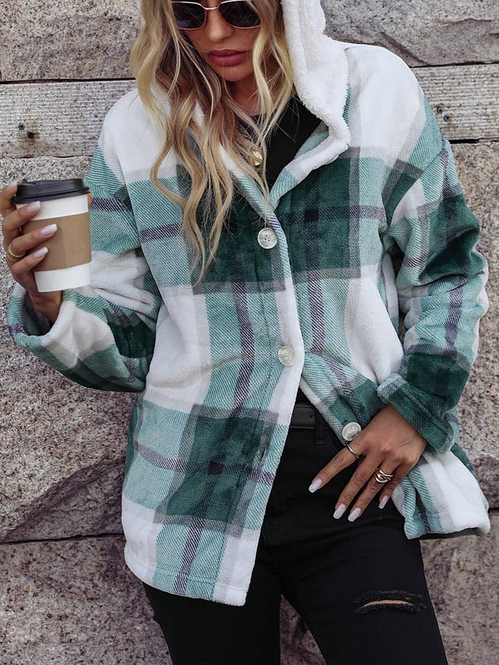 oversized Plaid faux fur teddy Shacket hooded coat for wholesale by HIDDENBRAND