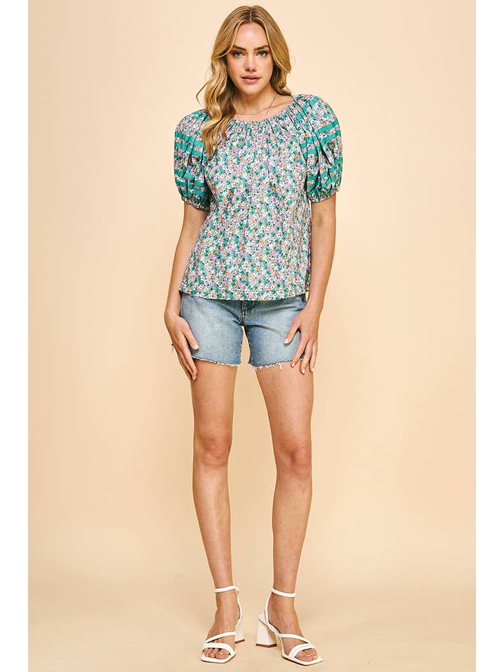PINCH - Wholesale Blouse - Women's - FLORAL PRINT SS WOVEN TOP - GREEN BLUE