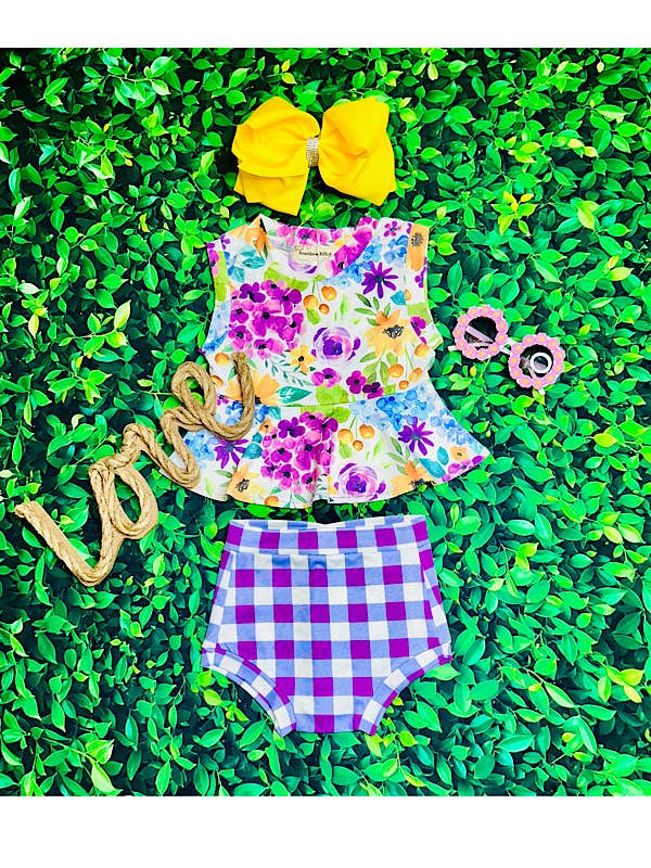 Purple floral & checkers 2pc sleeveless baby set XCH0999-7H for wholesale by luluclothes