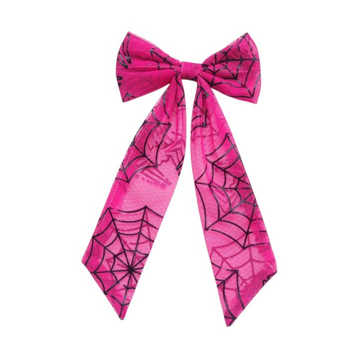 Lyserøde edderkoppespind tyl lang hale hårsløjfe med klips for engroshandel hos Pretty in Pink Bows