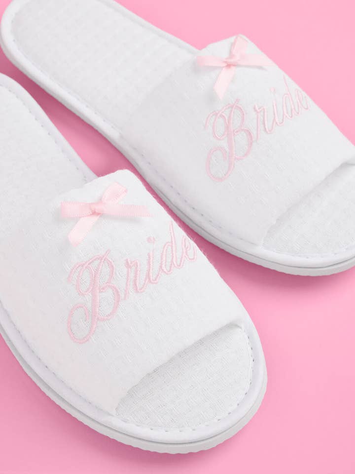 xo, Fetti - Wholesale Slippers - Women's - Pampered Bride Slippers - white embroidered waffle slippers, Bachelorette Gift