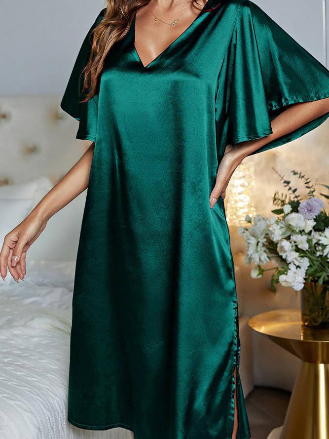 V Neck Ruffle Satin Night Dress ZZKF1082 for wholesale by UNISHE
