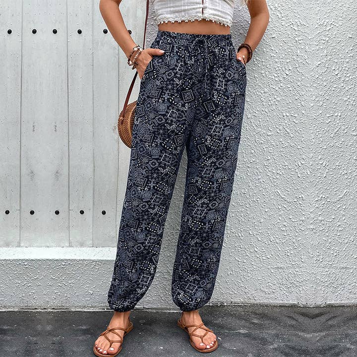 safistyle - Wholesale Pants - Women's - Ethnic Style Printed Bouquet Loose Casual Pants with Pockets