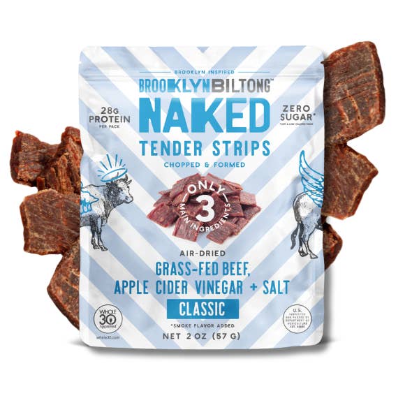 2oz Grass Fed Biltong Naked Tender Strips Air-Dried Jerky for wholesale by Brooklyn Biltong