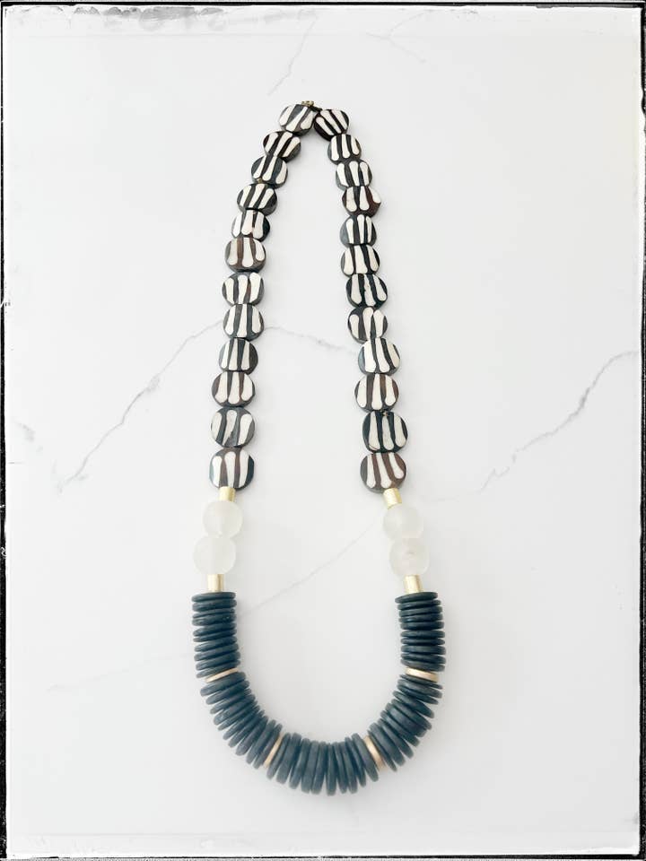 Black Stripe African Bone Flat Bead Long Statement Necklace for wholesale by GentrybyJenna