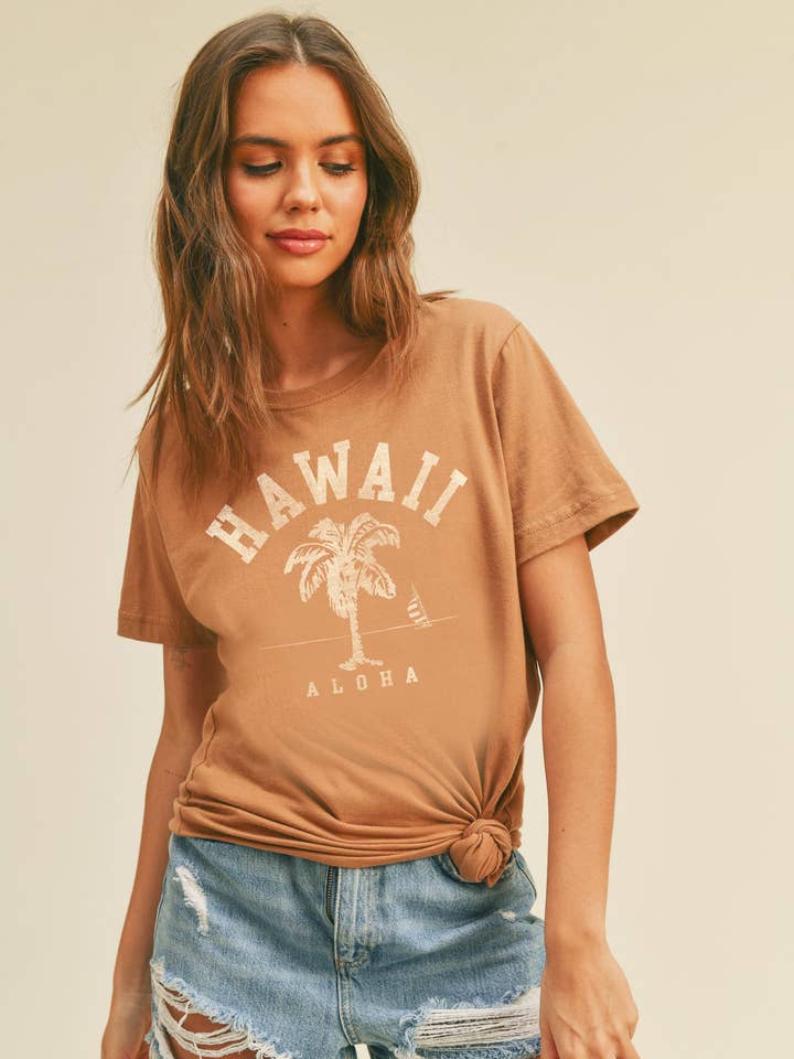 T-shirt à manches courtes avec graphique de palmier Aloha Hawaii pour la vente par Honestee