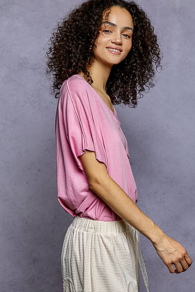 Pol Clothing - Wholesale T-Shirt - Women's - Oversized v-neck front pocket short sleeve solid top SALE17