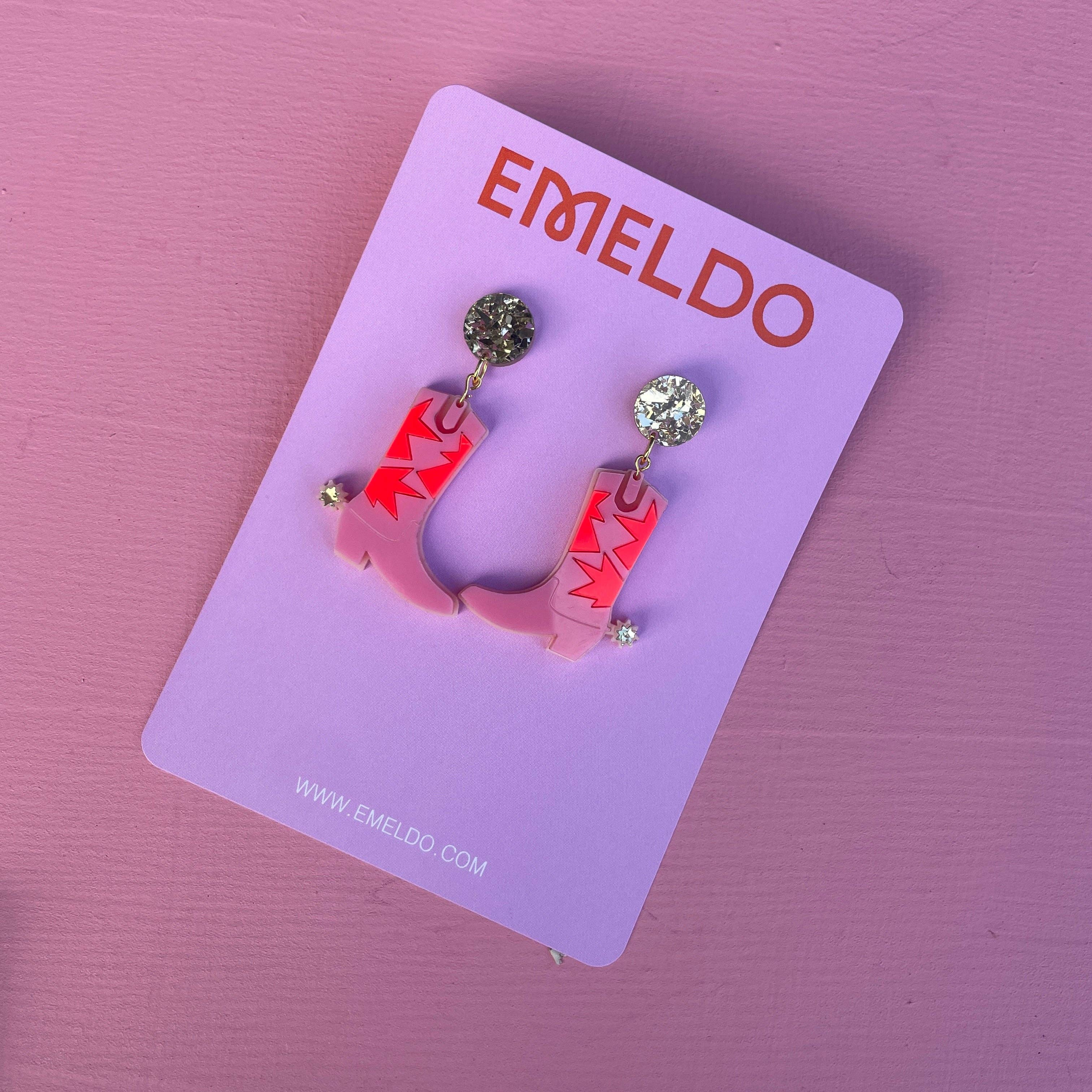 Emeldo - Wholesale Dangle Earrings - Cowgirl Boot Earrings // pink, neon red and gold3