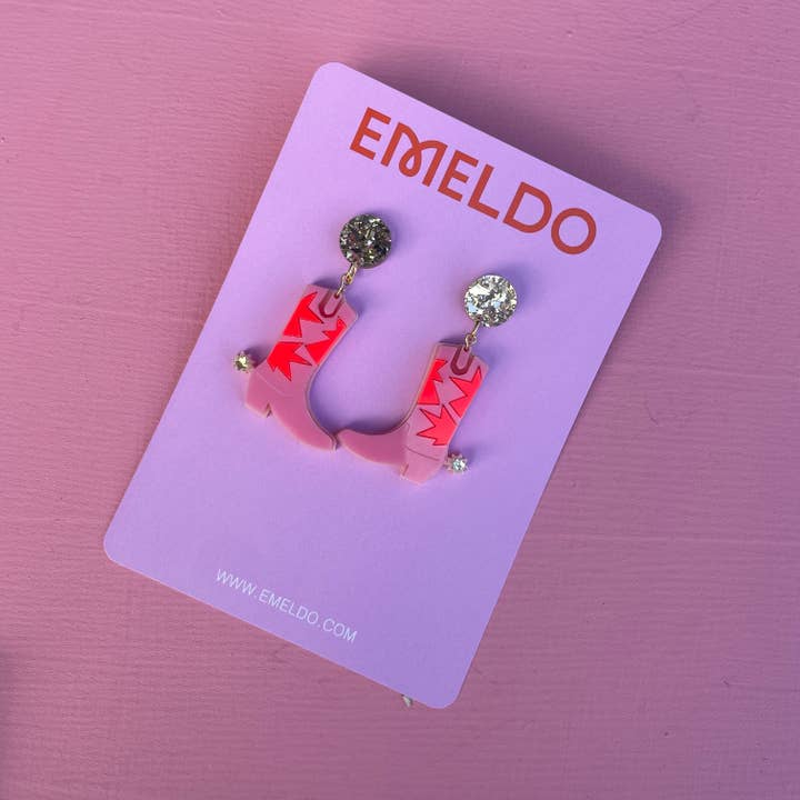 Emeldo - Wholesale Dangle Earrings - Cowgirl Boot Earrings // pink, neon red and gold3