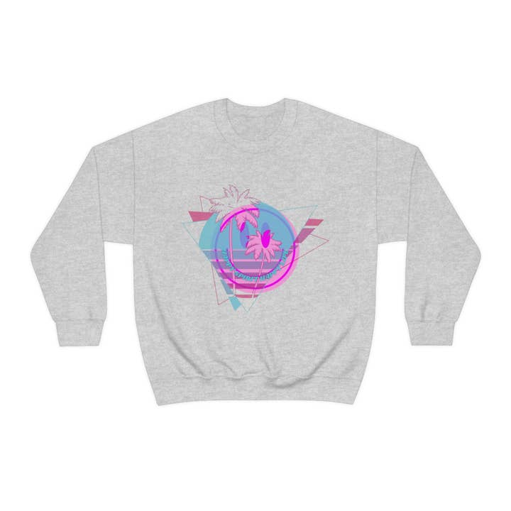 Happy Spirit Happy Life Sweatshirt, VSCO Girl Crewneck, Oversized Retro Font Graphic Tumblr, Front Print Smile Face Trendy Cover Up for wholesale by Happy Life Stuff