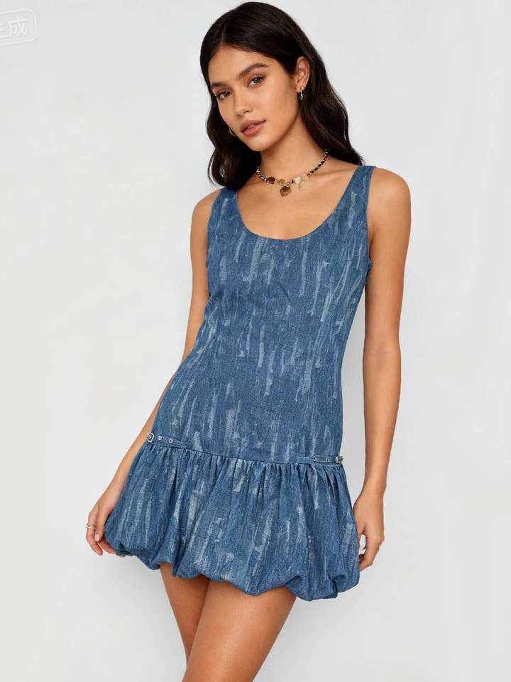 Ladies Print Scoop Neck Puff Hem Denim Mini Dress for wholesale by Sweetkama