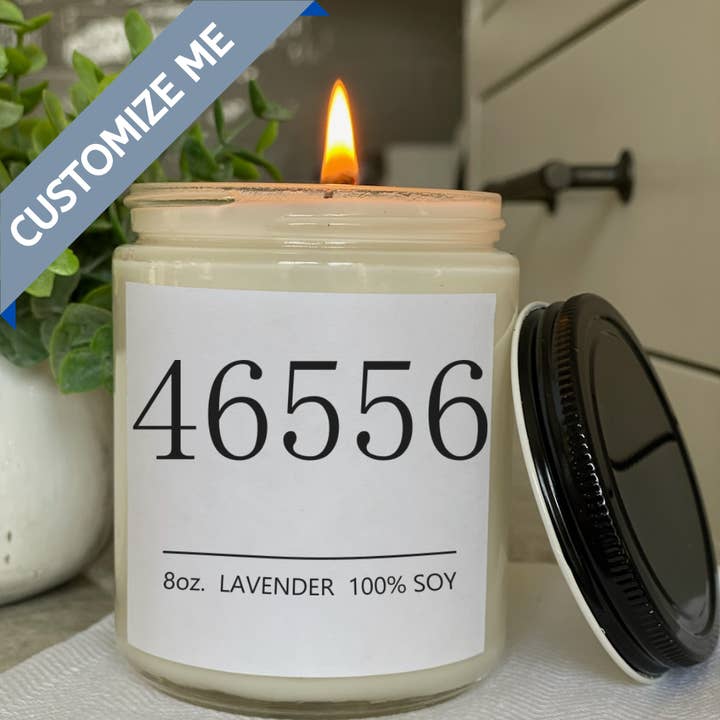 Zip Code custom candle for wholesale by Geez Louise Goods