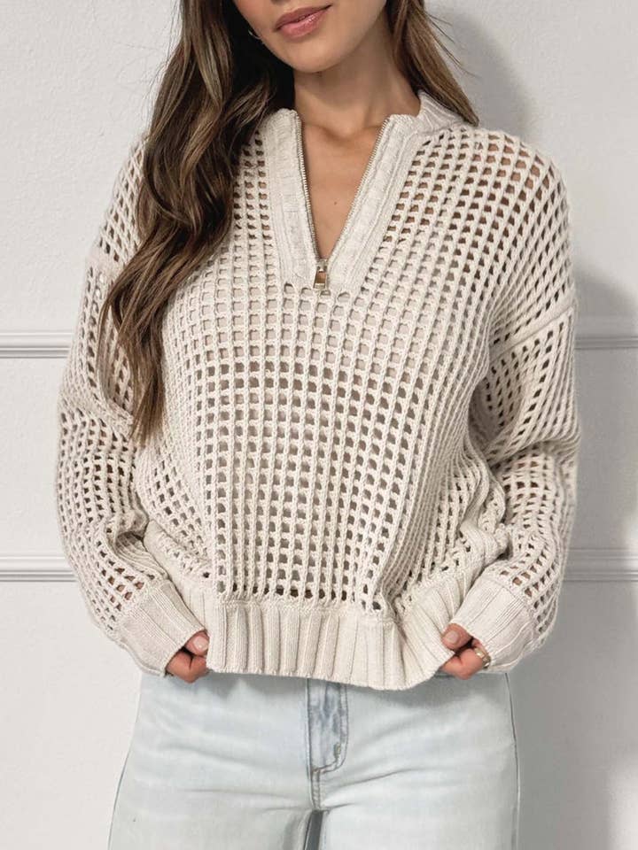 Half‑Zip Open‑Weave Mesh Knit Pullover for wholesale by Anna Kaci Wholesale