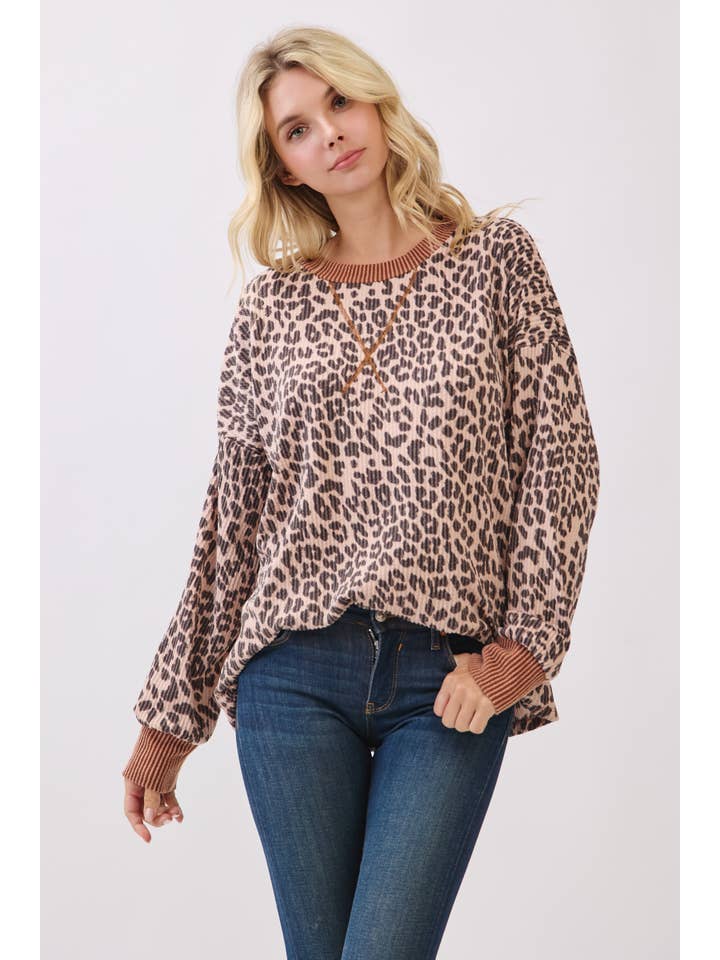 7th Ray - Wholesale Knit Top - Women's - Rib Animal Print Drop Shoulder V Seam Long Sleeve Top T58175