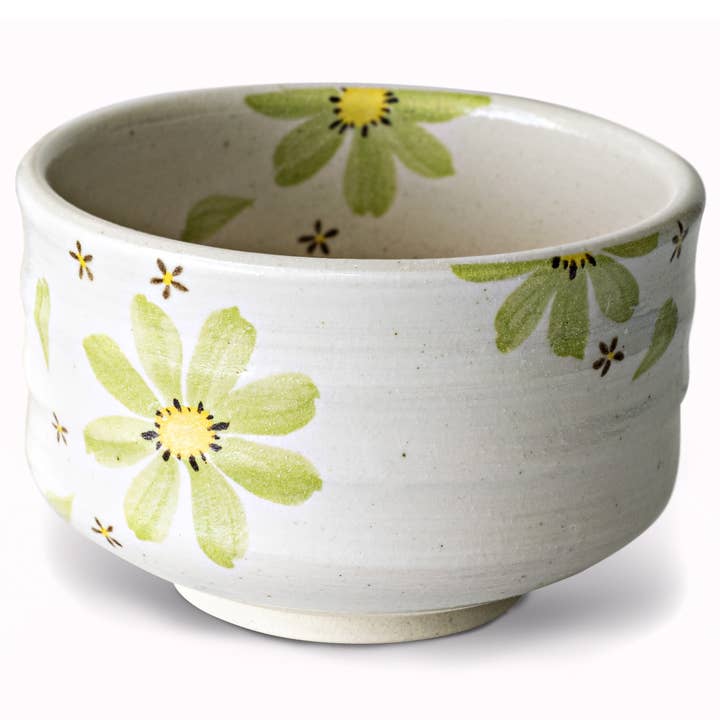 Handgemachte japanische Matcha-Teeschale mit grünen Blumen für den Großhandel von Aprikalife
