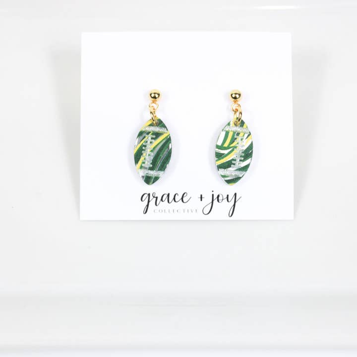 Grace + Joy Collective - Wholesale Dangle Earrings - Green and Gold Football Earrings, Green Bay 1