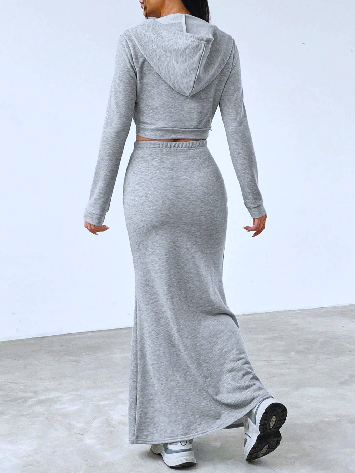 Grey Stylish Hooded Sweatshirt With Hip Maxi Skirt Two-Piece Set for wholesale on Faire4